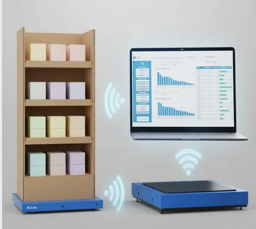 IQ Base — weight-sensing platform under a cardboard display, reporting to a live dashboard