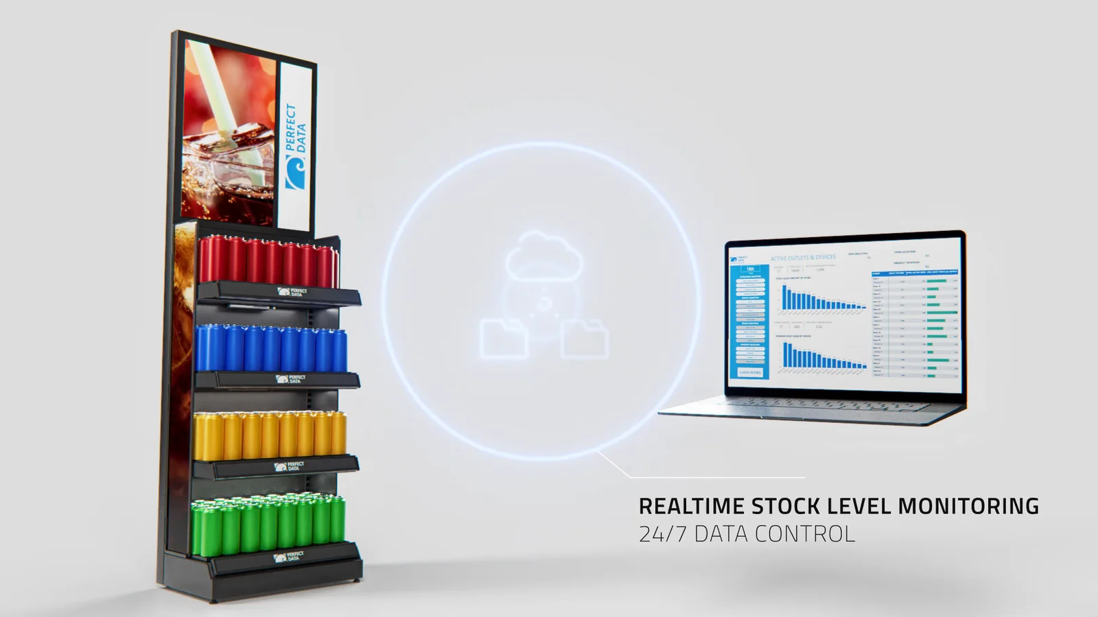 IQ Display end-cap streaming live stock and sales data to a laptop dashboard
